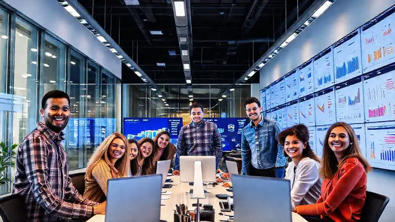 Un equipo diverso colabora en un espacio brillante